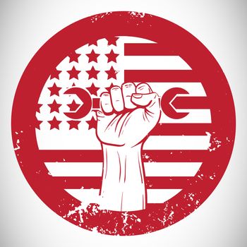 Digital composite image of cropped hand holding tool and american flag on red poster against white background