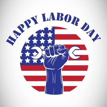 Composite image of happy labor day text over cropped hand holding tools with American flag against white background