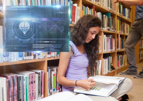 Digital composite of Female Student studying with book and science education interface graphics overlay
