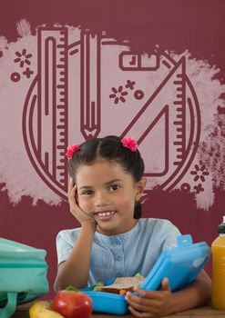 Digital composite of Student girl at table against red blackboard with education and school graphic