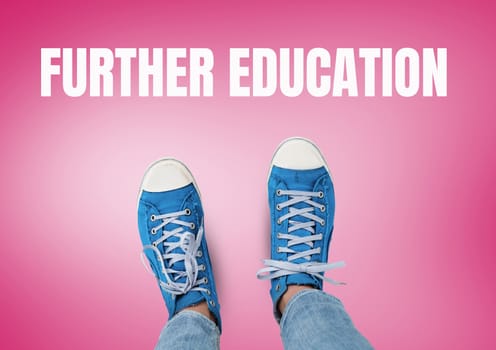 Digital composite of Further Education text and Blue shoes on feet with red background