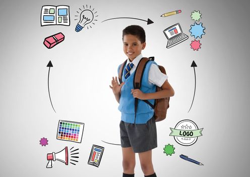 Digital composite of School boy in front of education graphics