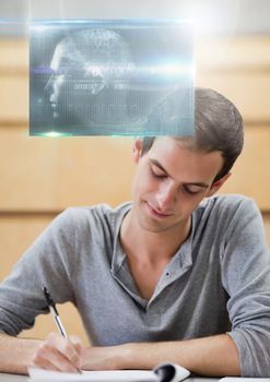 Digital composite of Male Student studying with notes and science education interface graphics overlay