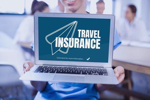 Digital composite of Woman holding a computer with travel insurance concept on screen