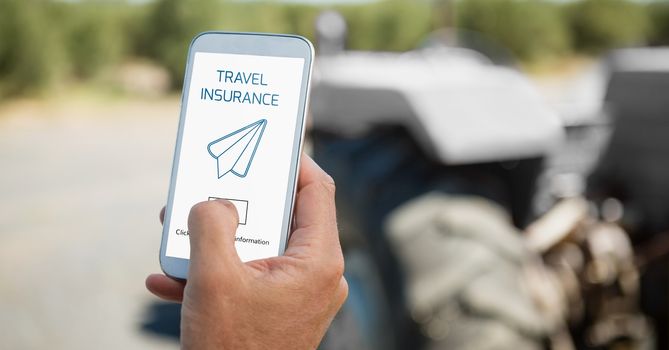 Digital composite of Person holding a phone with travel insurance concept on screen
