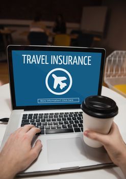 Digital composite of Person using a computer with travel insurance concept on screen