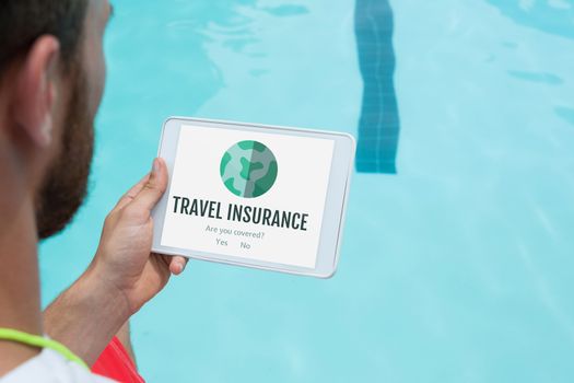 Digital composite of Man holding a tablet with travel insurance concept on screen