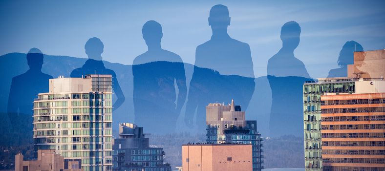 Business people standing against white background against buildings in city against blue sky