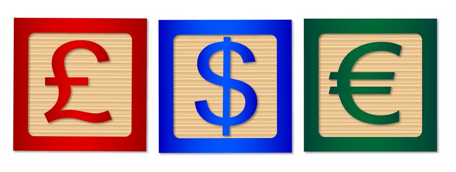 Wooden blocks giving the financial signs for Dollar, Pound and Euro