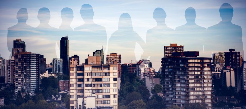 Business people standing over white background against trees amidst buildings in city