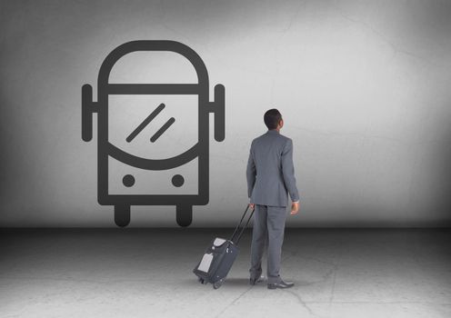 Digital composite of Businessman with travel bag looking up with bus icon