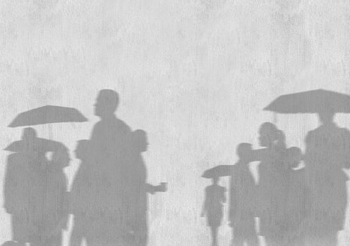 Digital composite of Business people silhouettes against white wall