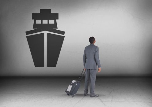 Digital composite of Businessman with travel bag looking up with ship icon