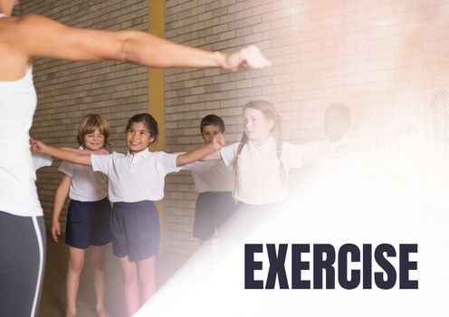 Digital composite of Exercise text and Physical education teacher with class