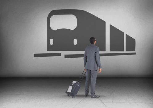 Digital composite of Businessman with travel bag looking up with train icon