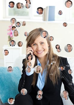 Digital composite of Woman holding phone with Profile portraits of people contacts