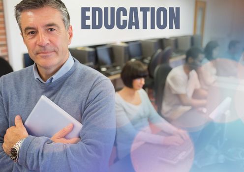 Digital composite of Education text and University teacher with class
