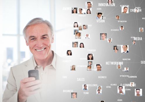 Digital composite of Man holding phone with Profile portraits of people contacts