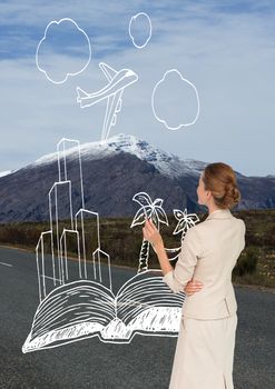 Digital composite of Business woman drawing travel icons on the road