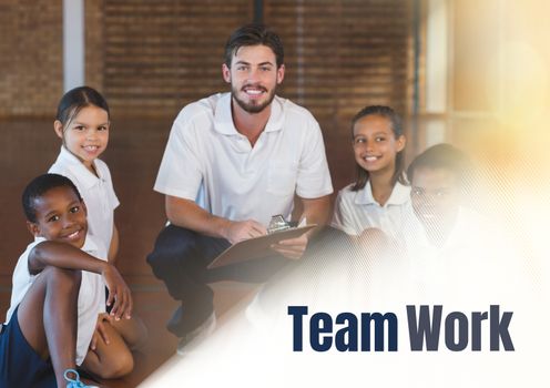 Digital composite of Team work text and Physical education teacher with class