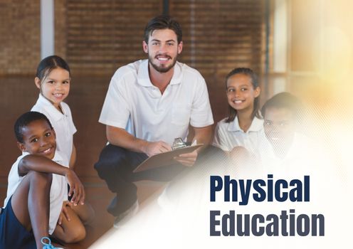Digital composite of Physical education text and  teacher with class
