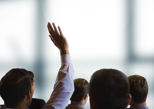 Digital composite of Business people at conference with window