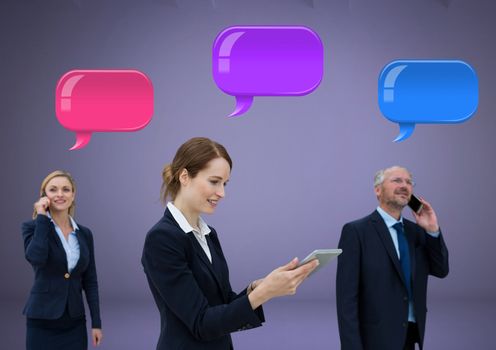 Digital composite of Business people on phones with shiny group of chat bubbles
