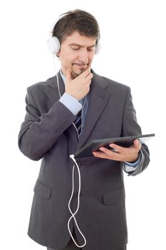 businessman with tablet pc and headphones, isolated