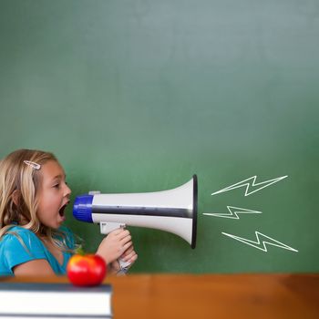 Red apple on pile of books against cute pupil shouting through megaphone