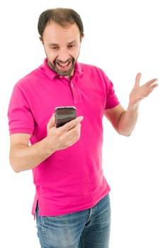 young casual man looking to his phone, isolated