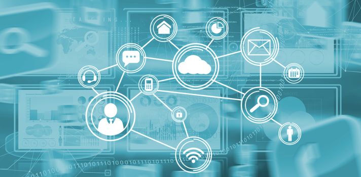 Digital image of business diagrams and map against technology interface