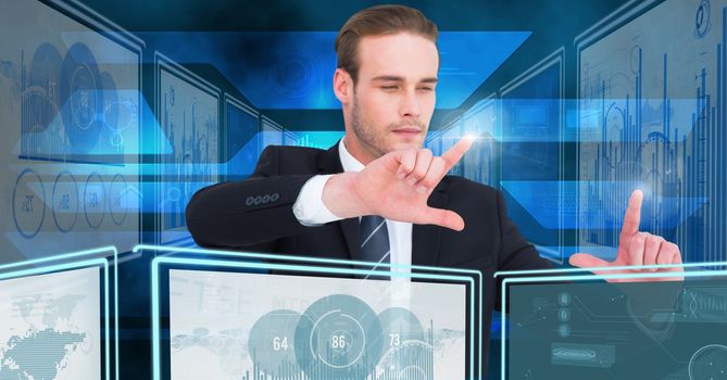 Digital composite of Businessman touching and interacting with technology interface panels