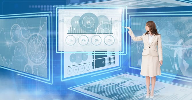 Digital composite of Businesswoman touching and interacting with technology interface panels