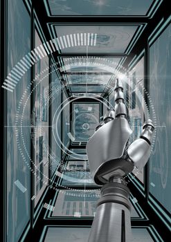 Digital composite of Robot hand interacting with technology interface panels