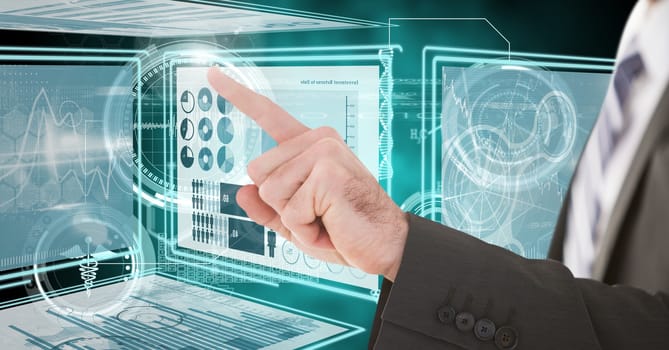 Digital composite of Hand touching and interacting with technology interface panels