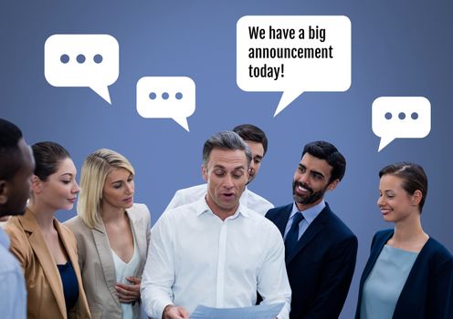 Digital composite of business people discussing big announcement at meeting