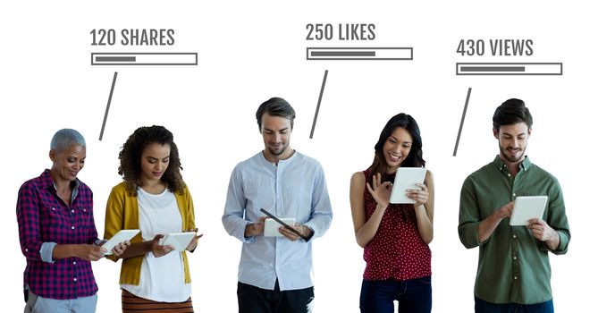 Digital composite of People on tablets with likes, views and Shares status bars