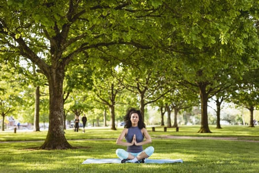 Woman performing yoga in the park on a sunny day