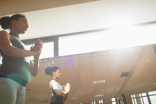 Beautiful woman performing yoga in gym