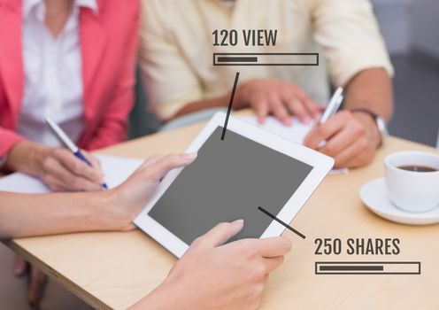 Digital composite of People on tablet with Views and Shares status bars at meeting