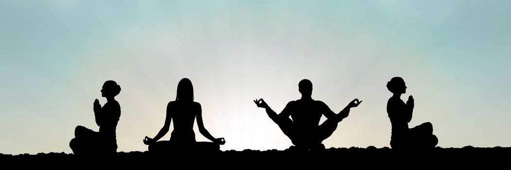 Digital composite of yoga group silhouette at sunset praying