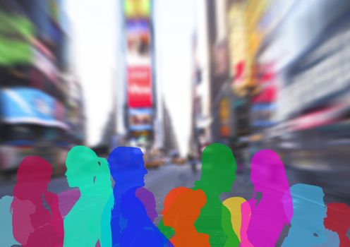 Digital composite of color silhouette of people on street