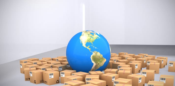 Digitally generated image of boxes and blue globe against abstract room