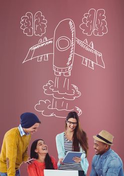 Digital composite of Creative people with hand-drawn rocket and brains
