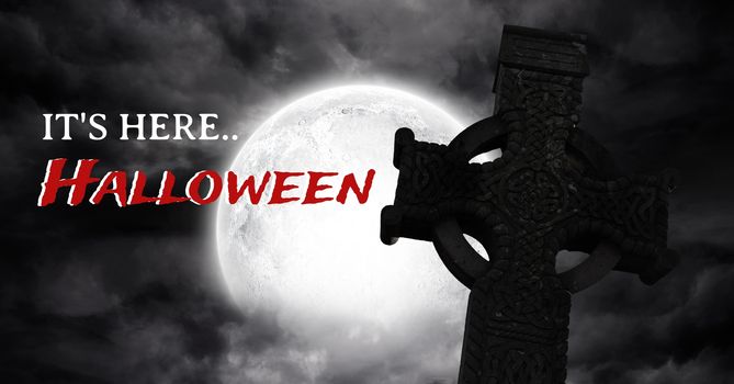 Digital composite of It's here Halloween text with gothic graveyard and moon