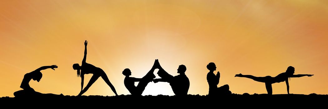 Digital composite of yoga group silhouette at sunset