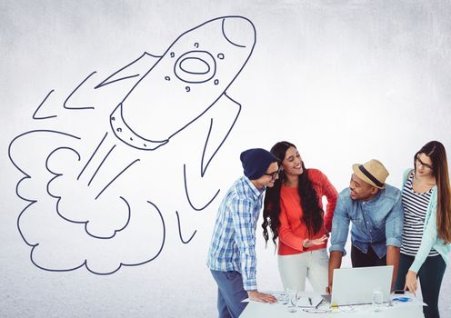 Digital composite of Creative people with hand-drawn rocket