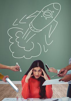 Digital composite of Creative but stressed woman with hand-drawn rocket