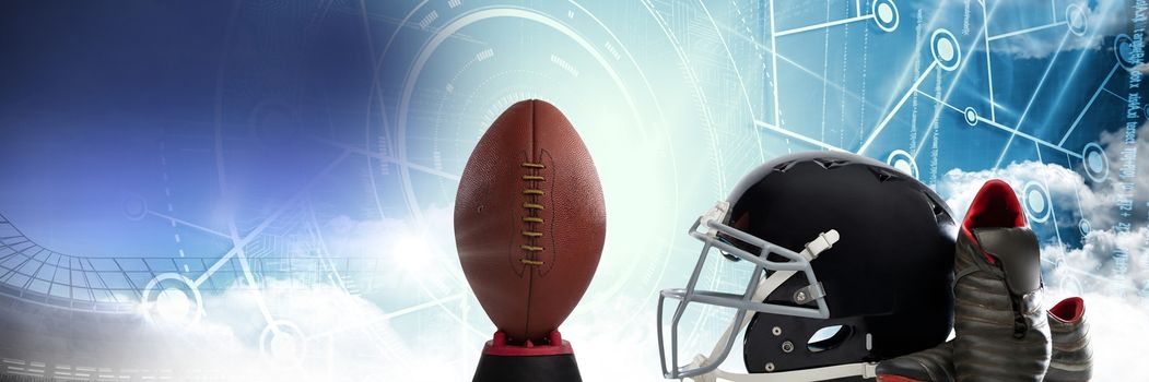Digital composite of American football helmet ball and gear with technology transition