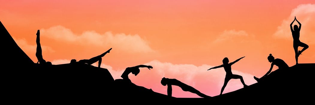 Digital composite of yoga group silhouette at sunset
